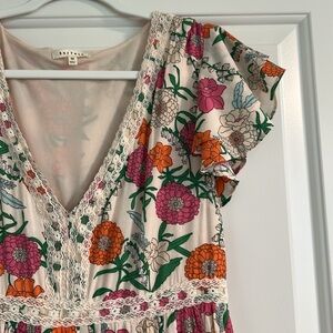 Red and Pink Tiered Maxi Sundress with Flutter Sleeves